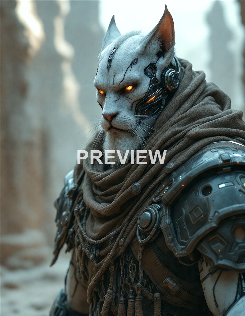 A humanoid feline with glowing orange eyes, cybernetic enhancements on its face and neck, dressed in a rugged cloak and armor, set against a blurred natural background.